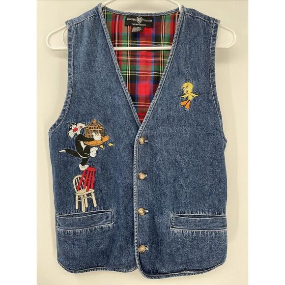 Vintage Looney Tunes Denim Jacket Warner Bros Studio Store 1995 90s Jean XS - Picture 1 of 7